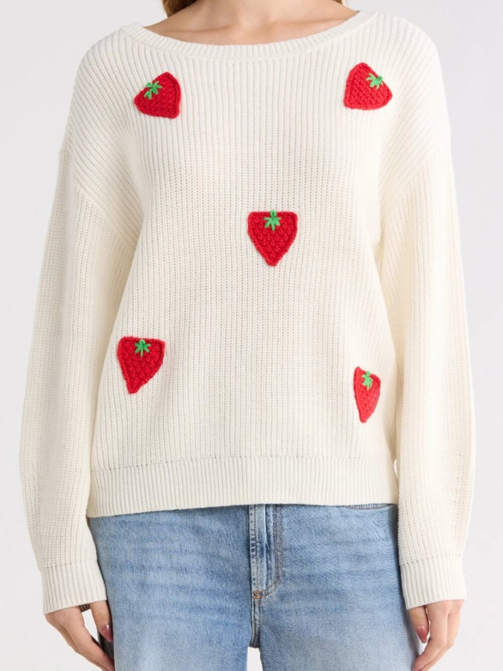 🆕White Pullover Sweater with Crochet Red Strawberries Rib Knit Size L NWT
